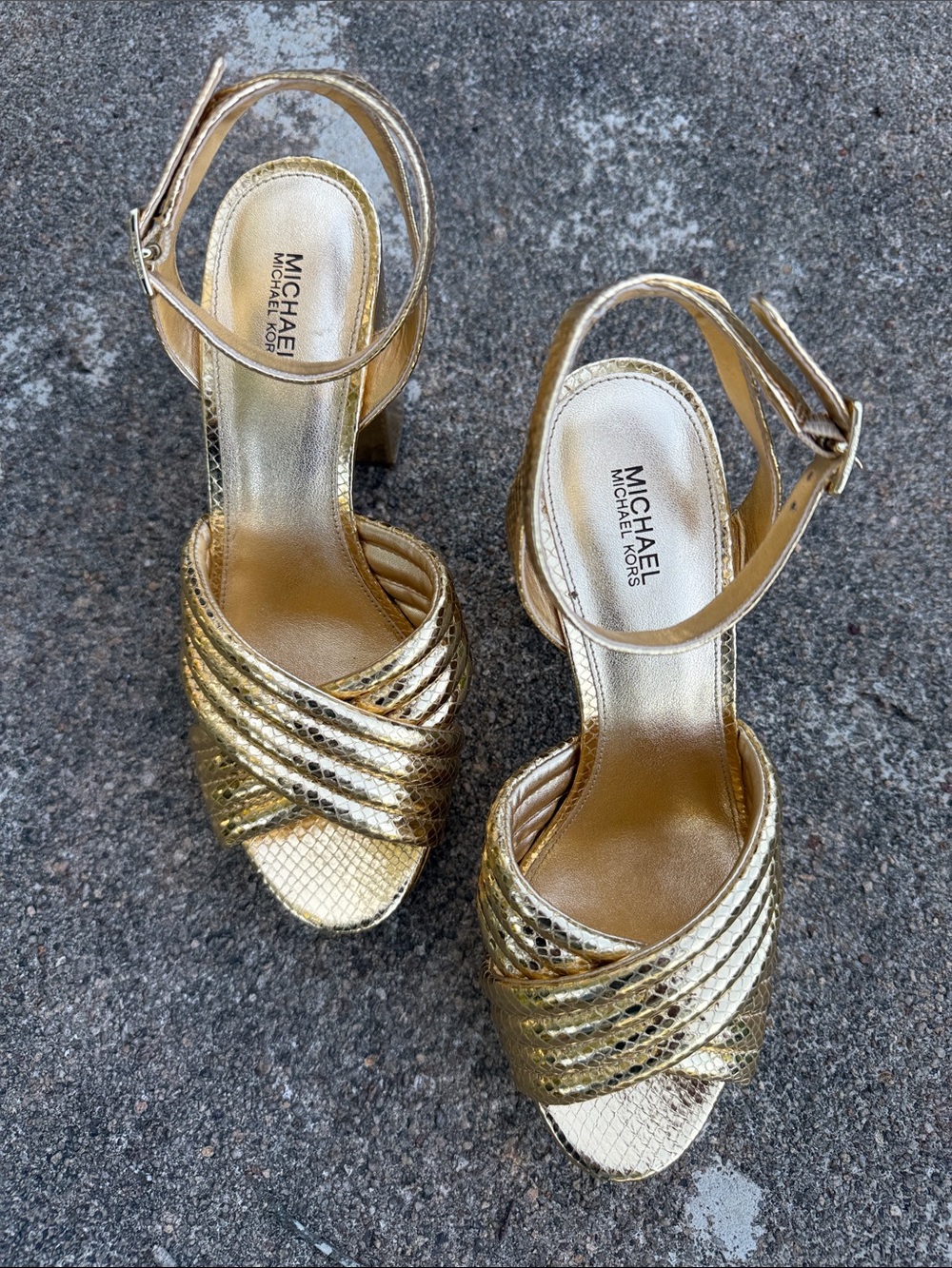 Michael Kors Metallic Gold Crisscross Block Heel Sandals platform disco vibe